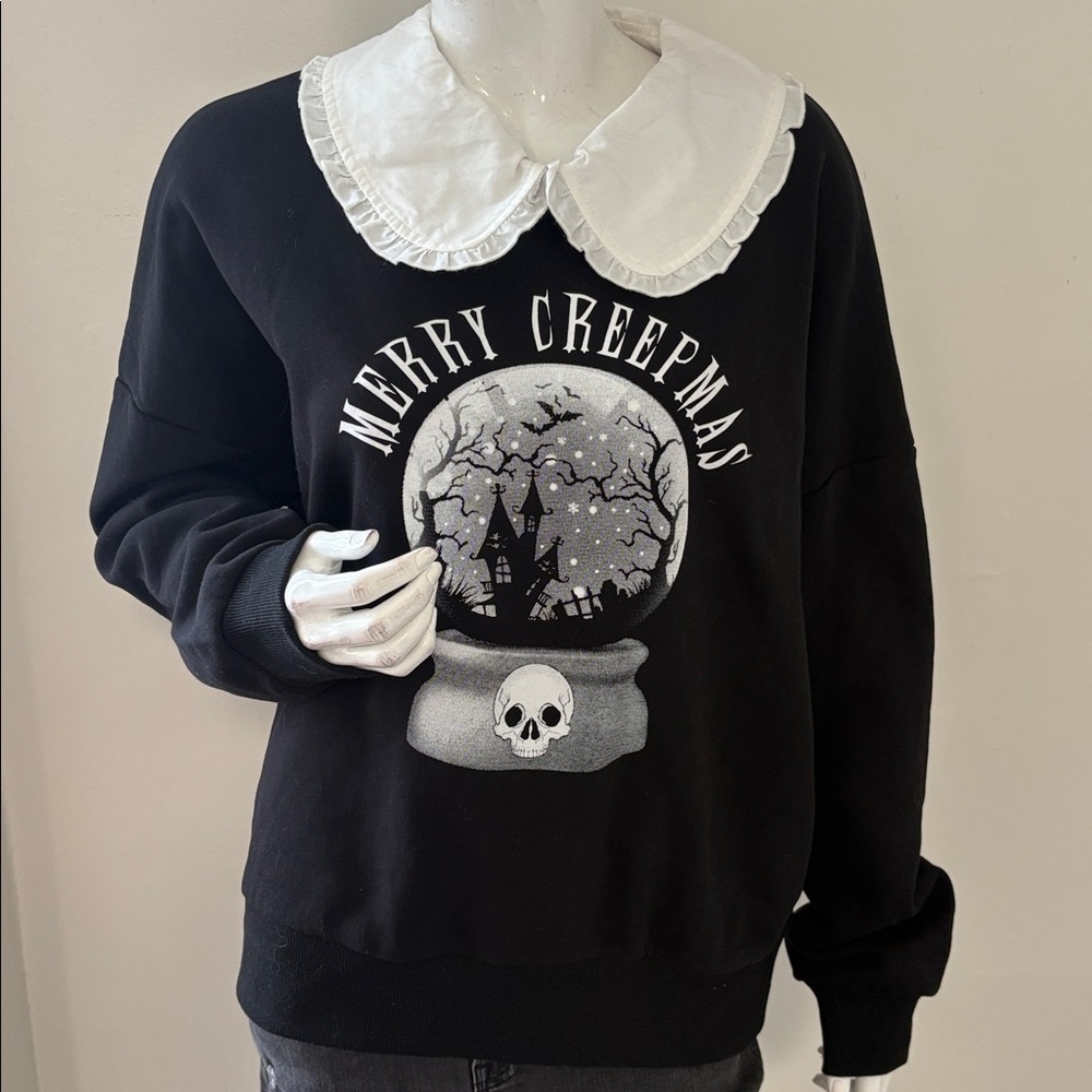 Dolls Kill Brand The Grave Girls Black Graphic Sweater w White Peter Pan Collar